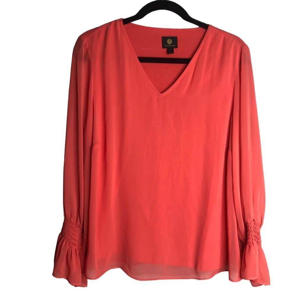 JM Collection Womens Coral Blouse Top M Long Sleeve Smocked Cuff V Neck Career